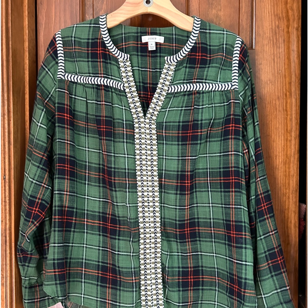 Jcrew cotton madras, split neck, peasant top